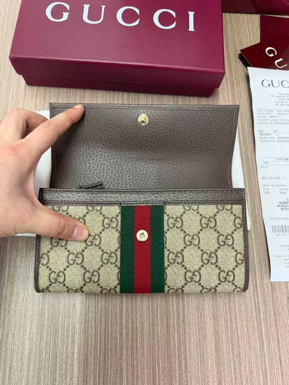 Gucci Beige GG Supreme Canvas Wallet with Green and Red Web